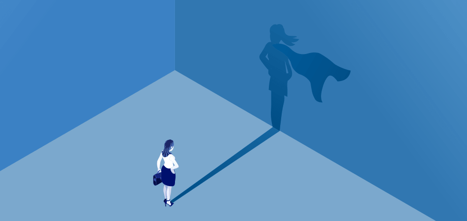Woman viewing her shadow as a superhero